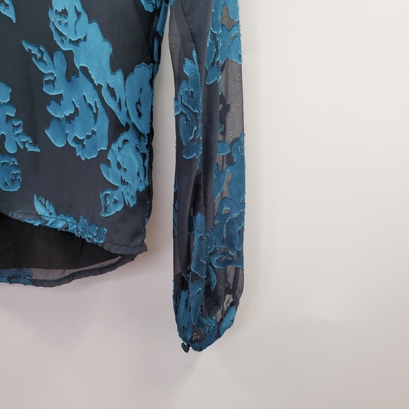 Lovers + Friends Blue Floral Velvet Lace Top Sheer V-Neck Printed Moody Dark - Picture 3 of 6